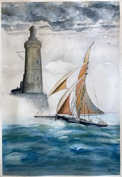 Aquarelle : phare et voilier