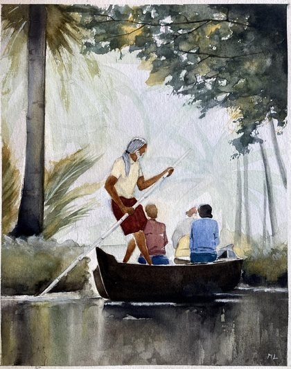 Aquarelle : quatre personnes dans une barque