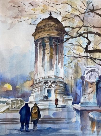 Aquarelle : kiosque et promeneurs