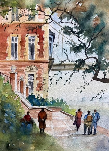 Aquarelle : maison et promeneurs